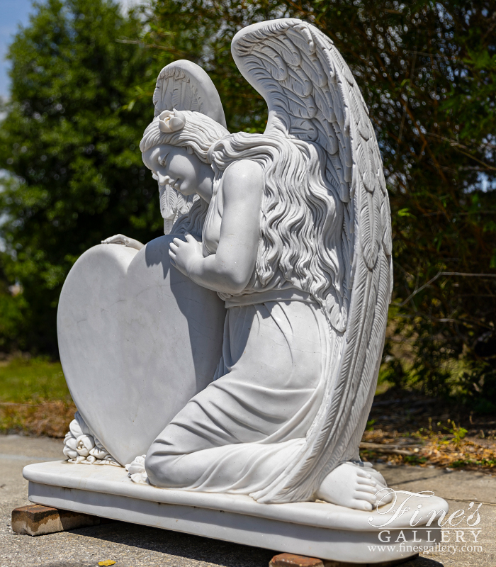 Marble Memorials  - White Marble Angel Hearth Monu - MEM-485